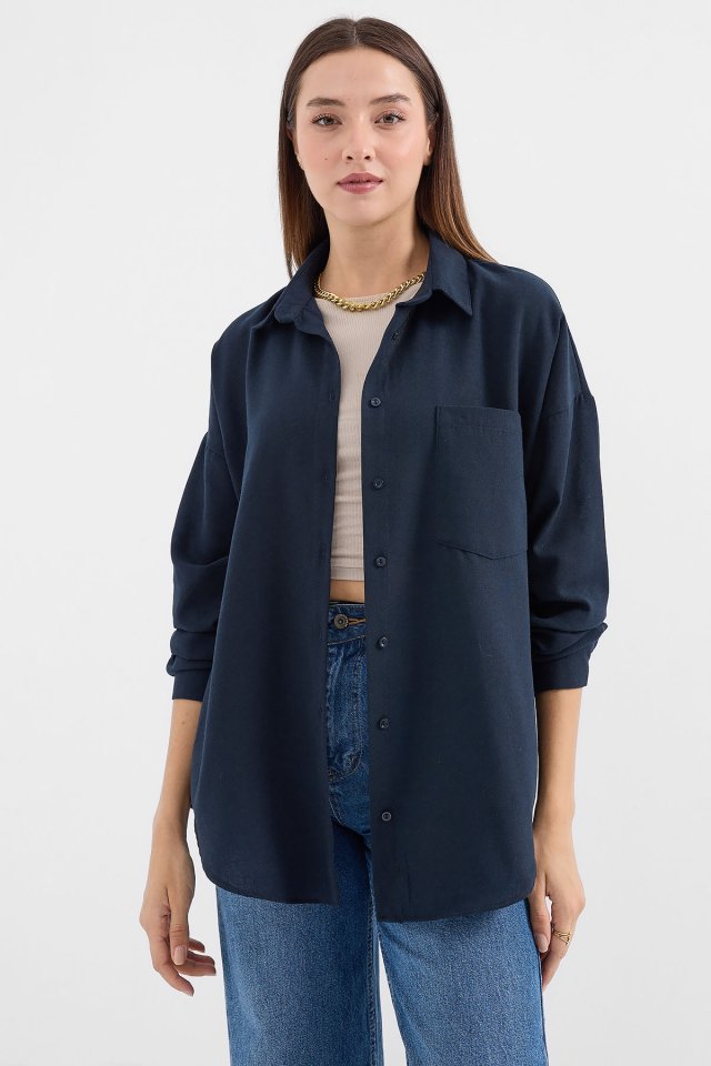 20153 Tek Cepli Oversize Keten Gömlek - Mavi