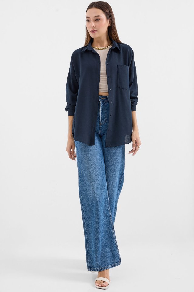 20153 Tek Cepli Oversize Keten Gömlek - Mavi