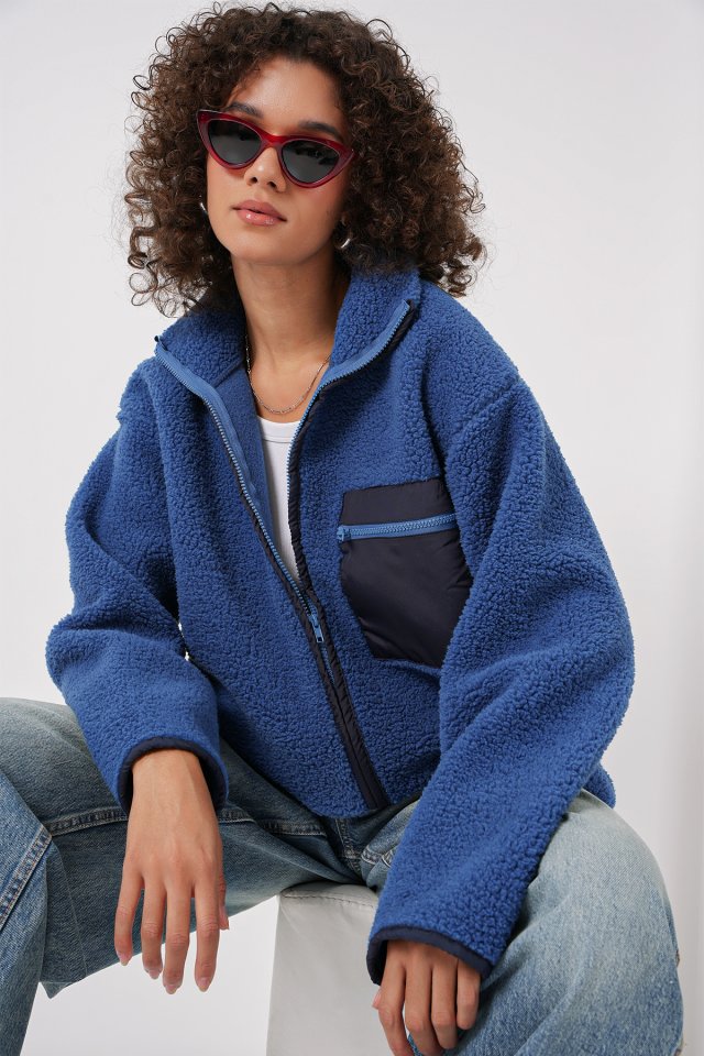 55446 Fermuarlı Oversize Peluş Ceket Mont - Krem