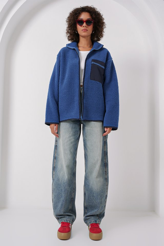 55446 Fermuarlı Oversize Peluş Ceket Mont - Krem