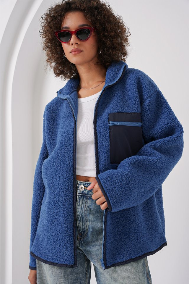 55446 Fermuarlı Oversize Peluş Ceket Mont - Krem