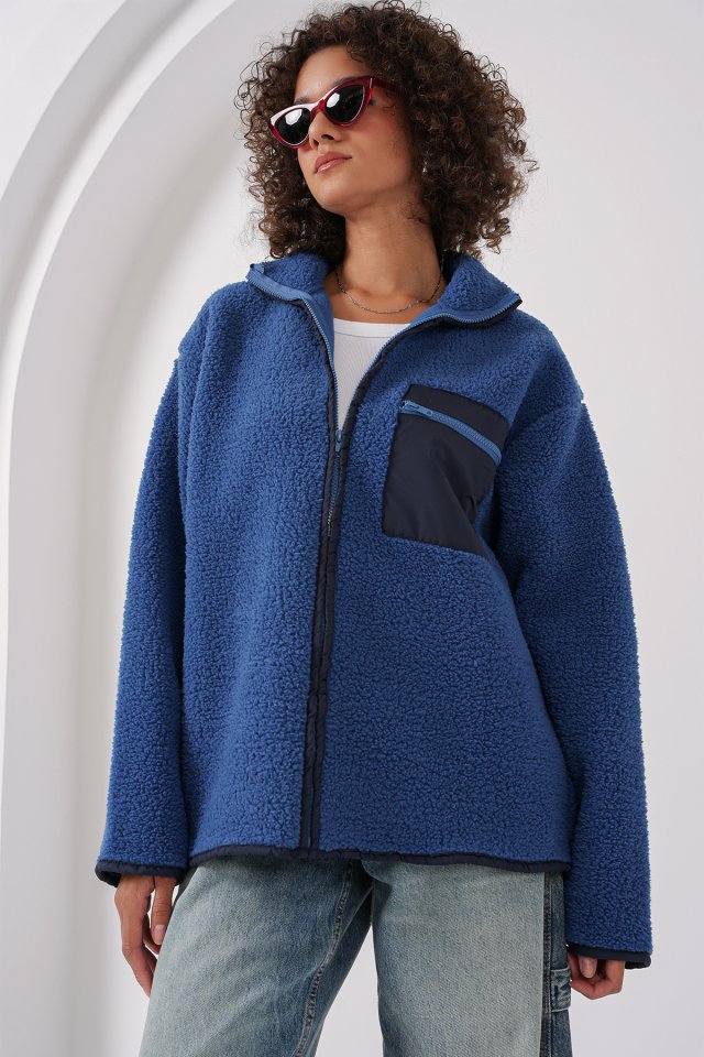 55446 Fermuarlı Oversize Peluş Ceket Mont - Krem