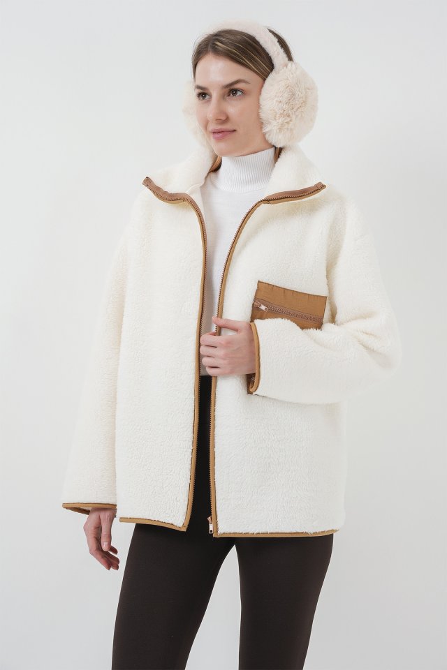 55446 Fermuarlı Oversize Peluş Ceket Mont - Krem