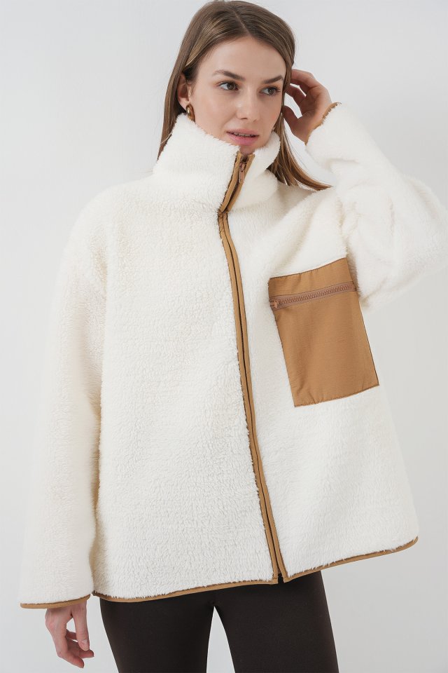 55446 Fermuarlı Oversize Peluş Ceket Mont - Krem