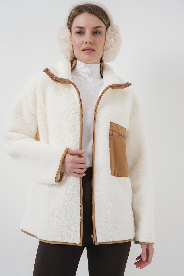 55446 Fermuarlı Oversize Peluş Ceket Mont - Krem