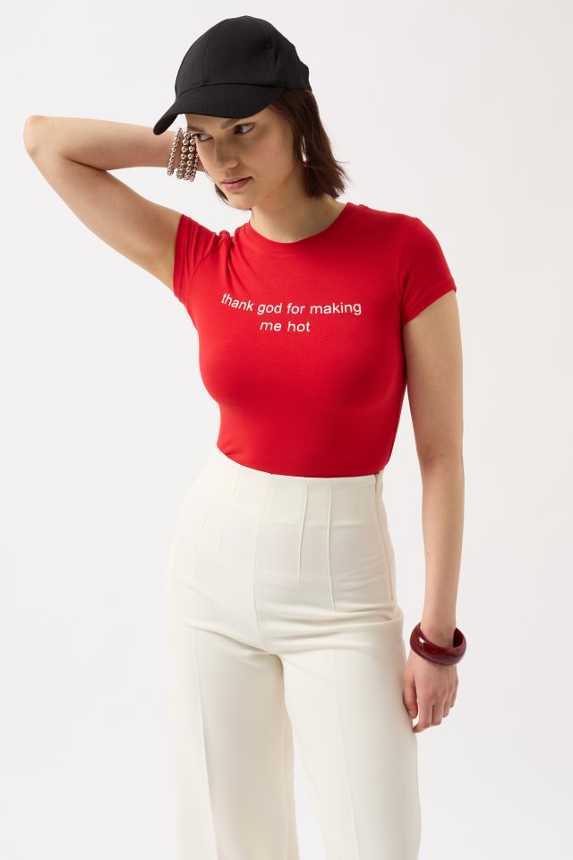 Baskılı Likralı Crop T-Shirt