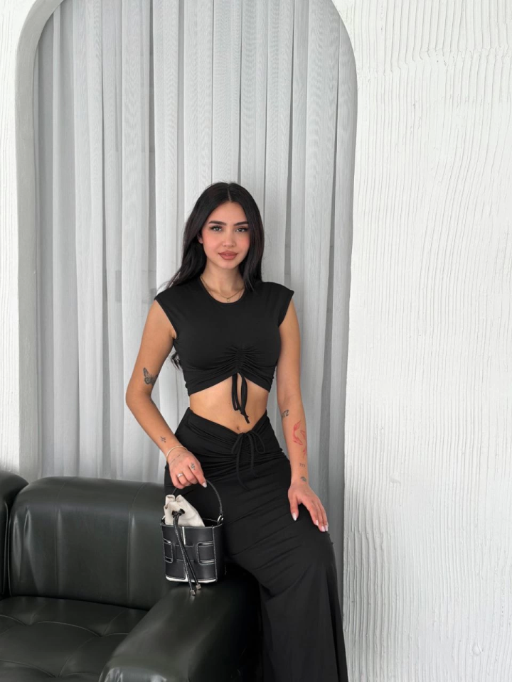Osy Modal Yumuşak Dokulu Kumaş Büzgülü Crop Etek Takım - Siyah