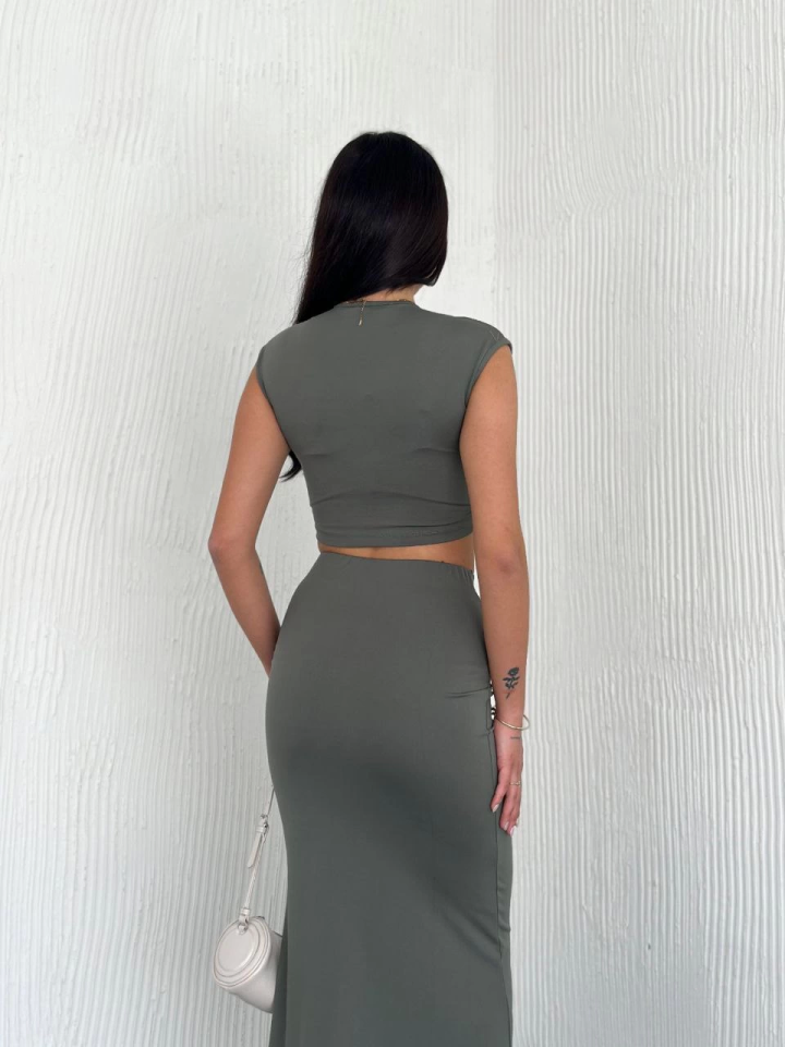 Osy Modal Yumuşak Dokulu Kumaş Büzgülü Crop Etek Takım - Mint Yeşili