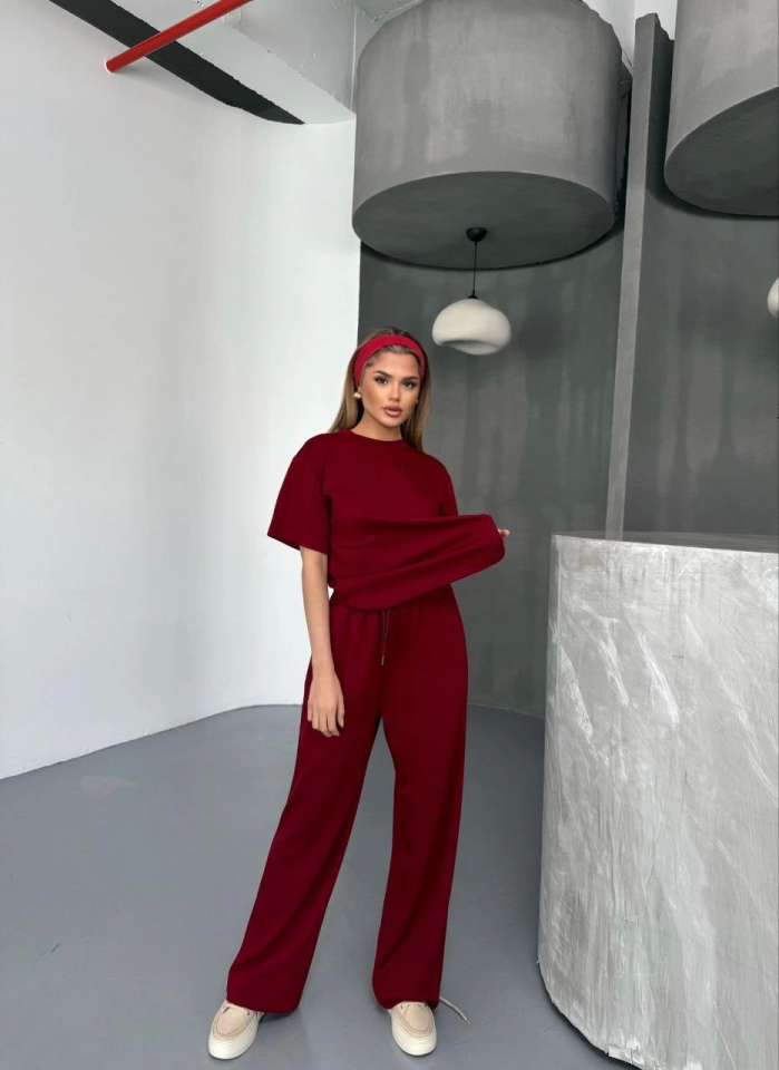 Osy Modal Yumuşak Dokulu Kumaş Kısa Kollu Bluz Rahat Pantalon Ikili Takım- Bordo