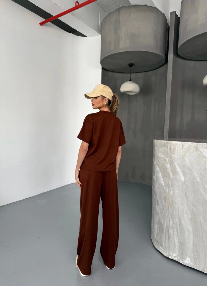 Osy Modal Yumuşak Dokulu Kumaş Kısa Kollu Bluz Rahat Pantalon Ikili Takım- Bordo