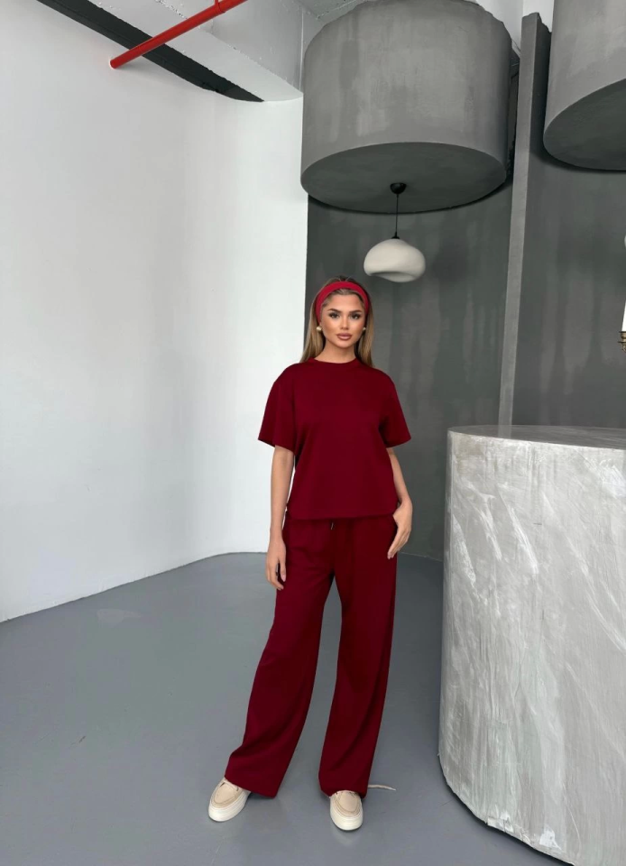 Osy Modal Yumuşak Dokulu Kumaş Kısa Kollu Bluz Rahat Pantalon Ikili Takım- Bordo