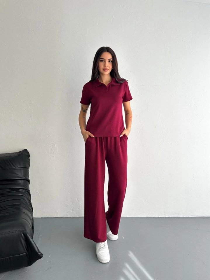 Osy Modal Yumuşak Dokulu Kumaş Kısa Kollu Yakalı T-shirt Pantalon Ikili Takım- Bordo