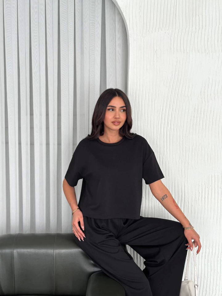 Osy Modal Yumuşak Dokulu Kumaş Bisiklet Yaka T-shirt Bol Paça Pantalon Ikili Takım -Siyah