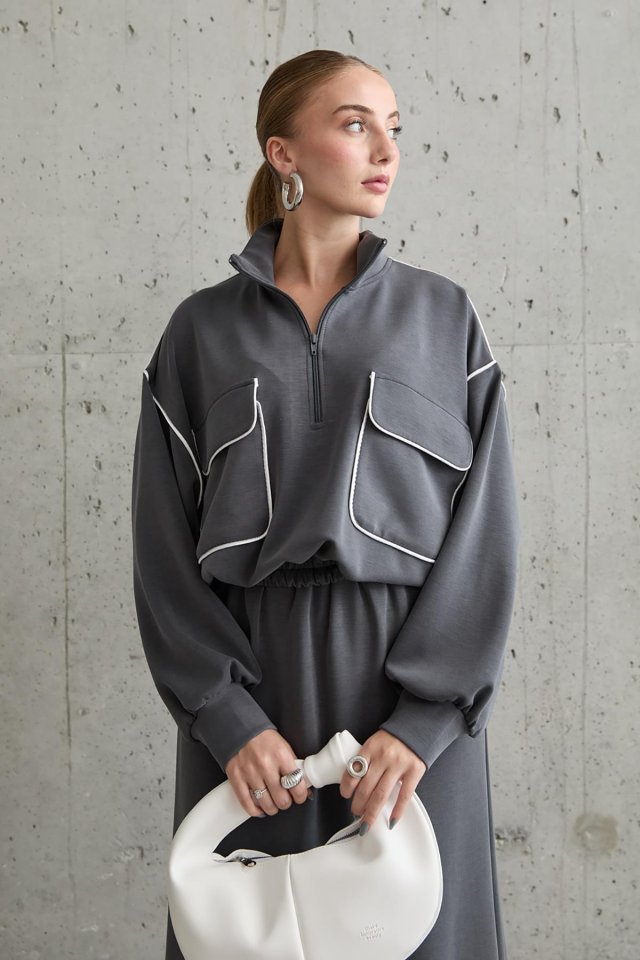 Haki Biyeli Sweatshirt Ve Etek Takım