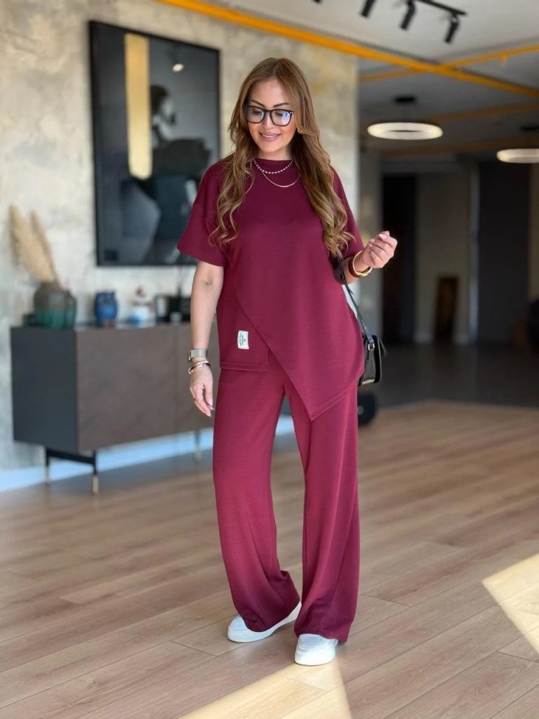 Kadın Kısa Kollu Bisiklet Yaka Asimetrik Viskon Iki Iplik Bluz Ve Pantolon Ikili Takım