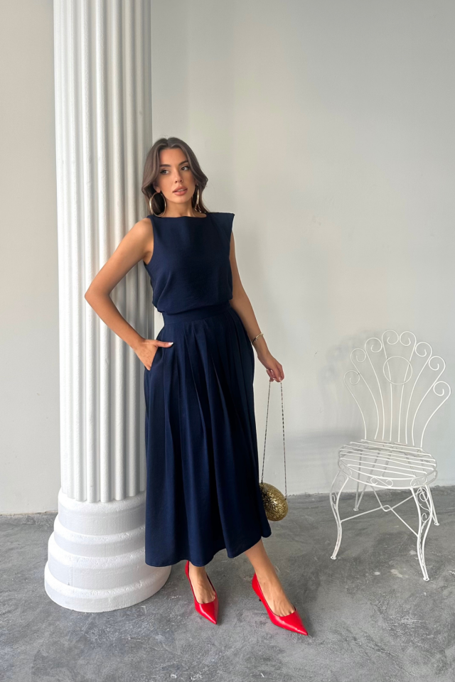 KETEN KOLSUZ BLUZ - MAXİ ETEK TAKIM - Pembe