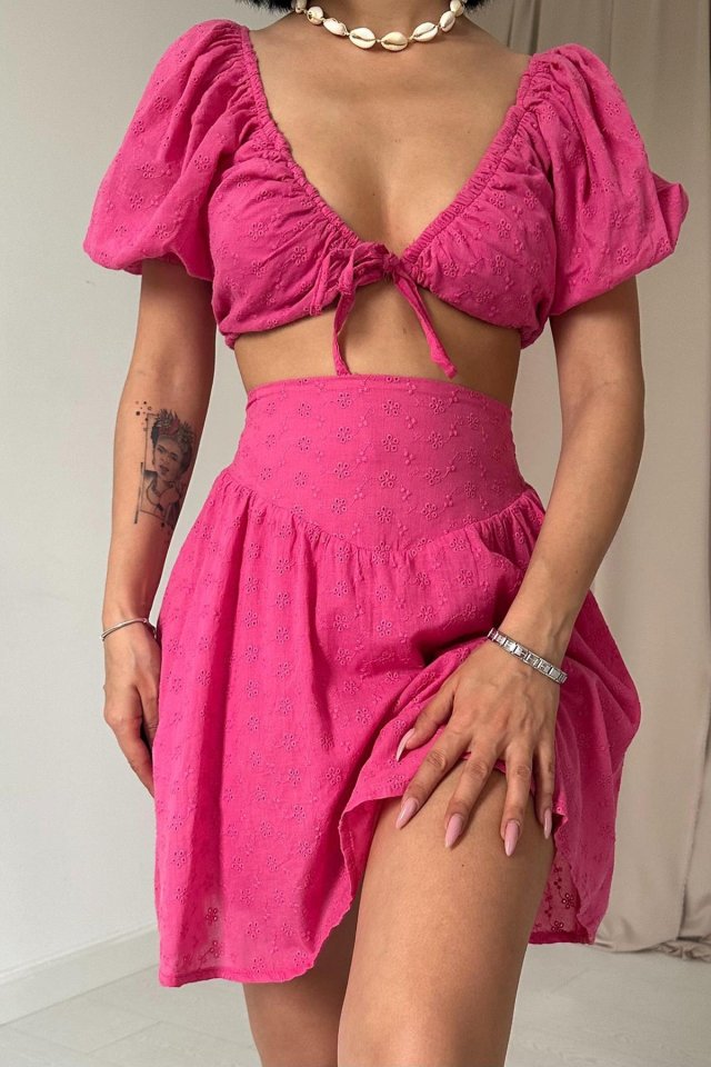 Ekru Brode Crop Ve Mini Etek Takım