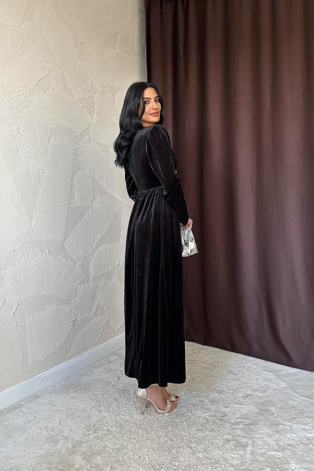 Saks Göğüs Altı Taşlı Elbise