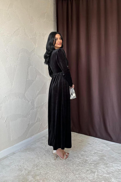 Saks Göğüs Altı Taşlı Elbise
