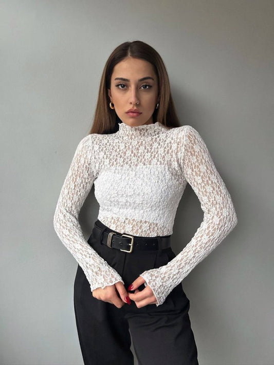Kadın Likralı Dantel Transparan Uzun Kol Crop Bluz