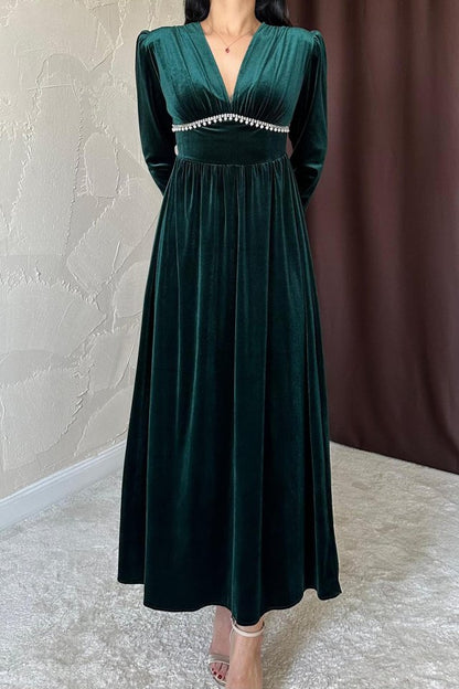 Saks Göğüs Altı Taşlı Elbise