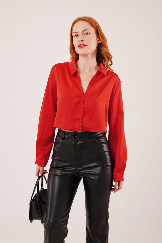 Saten Crop Model Yeşil Gömlek