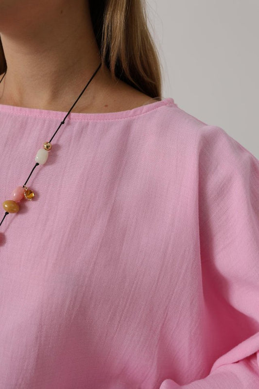 YARASA KOLLU CROP BLUZ - Pembe