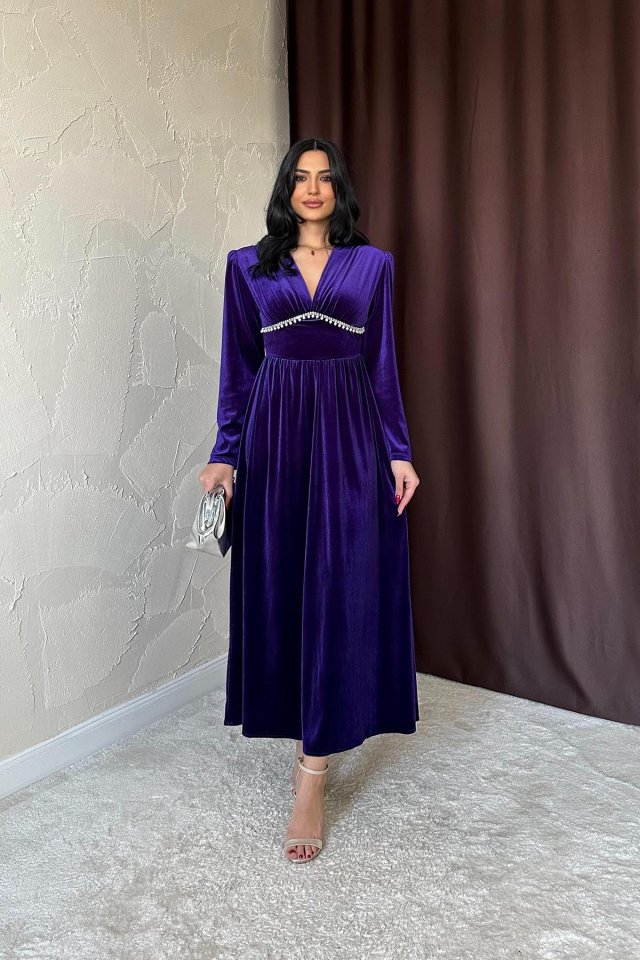 Saks Göğüs Altı Taşlı Elbise