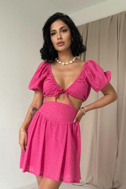 Ekru Brode Crop Ve Mini Etek Takım
