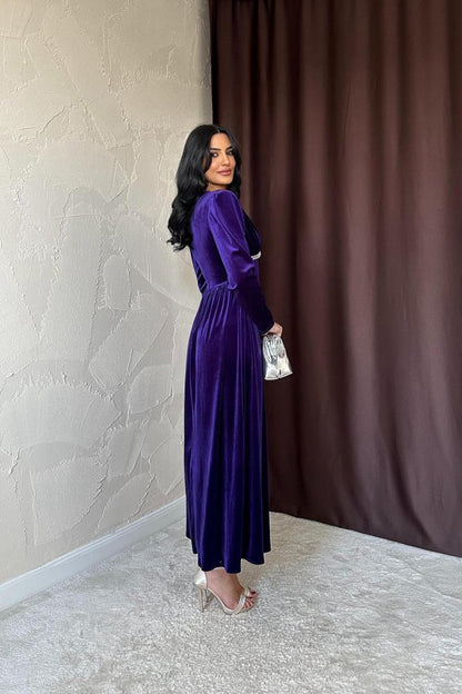 Saks Göğüs Altı Taşlı Elbise