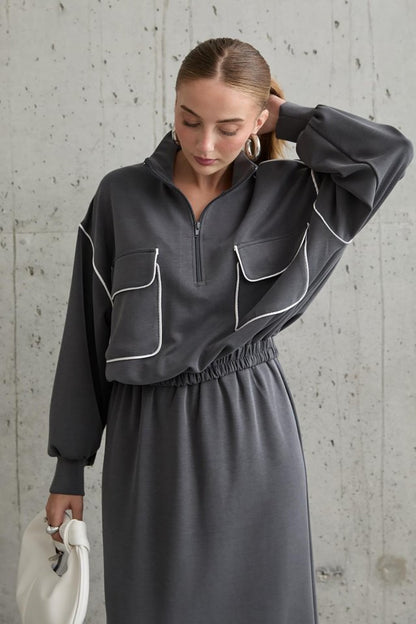 Haki Biyeli Sweatshirt Ve Etek Takım