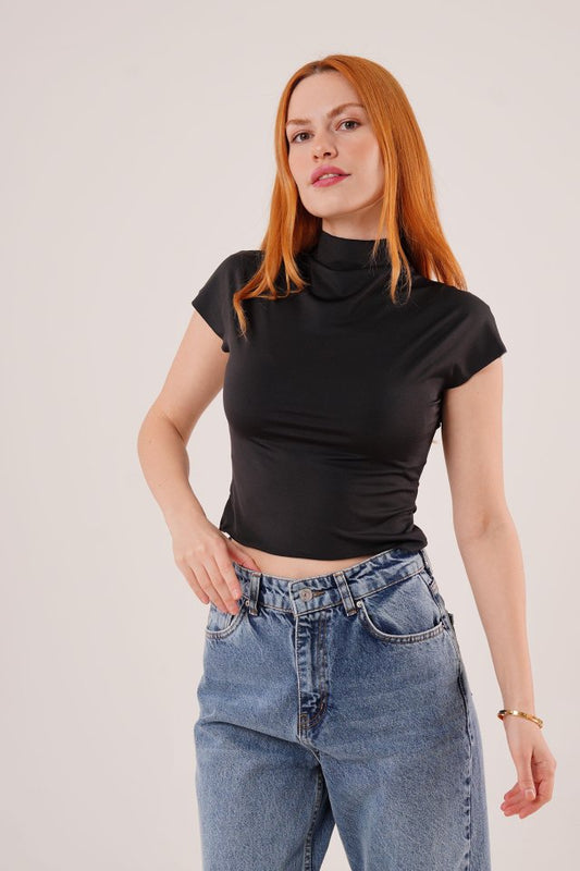 Boğazlı Parlak Kumaş Bordo Crop