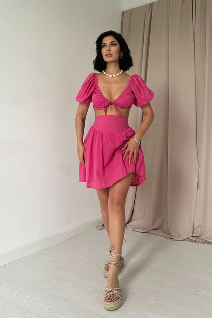 Ekru Brode Crop Ve Mini Etek Takım