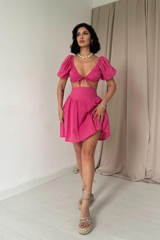 Ekru Brode Crop Ve Mini Etek Takım