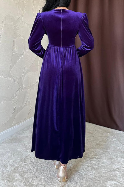 Saks Göğüs Altı Taşlı Elbise
