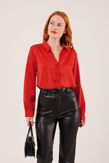 Saten Crop Model Yeşil Gömlek