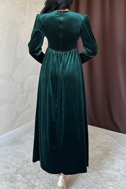 Saks Göğüs Altı Taşlı Elbise