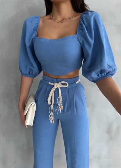 KETEN CROP KARPUZ KOL BLUZ-PANTOLON HASIR KEMERLİ - Orange