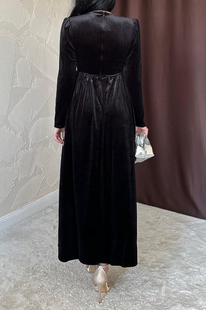 Saks Göğüs Altı Taşlı Elbise