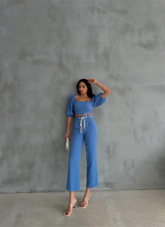 KETEN CROP KARPUZ KOL BLUZ-PANTOLON HASIR KEMERLİ - Orange