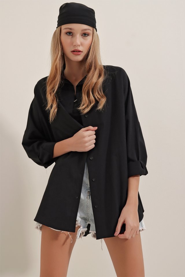 3900 Oversize Uzun Basic Gömlek - Koyu Lila