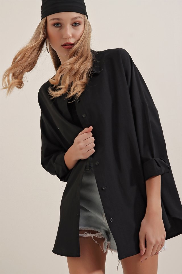 3900 Oversize Uzun Basic Gömlek - Koyu Lila