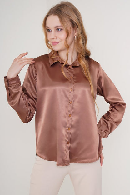 3964 Hafif Dökümlü Saten Gömlek - Camel