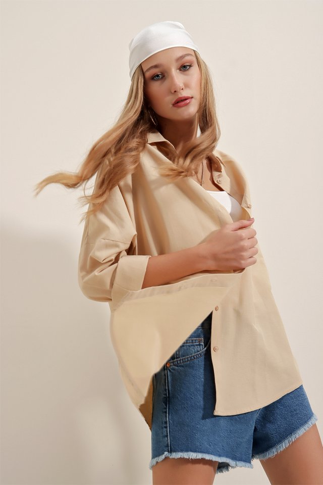 3900 Oversize Uzun Basic Gömlek - Koyu Lila