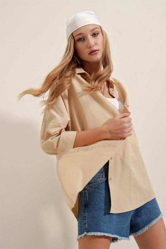 3900 Oversize Uzun Basic Gömlek - Koyu Lila