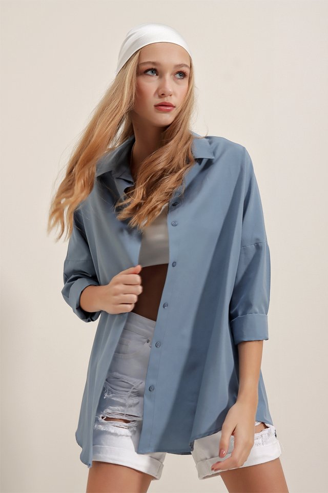 3900 Oversize Uzun Basic Gömlek - Koyu Lila