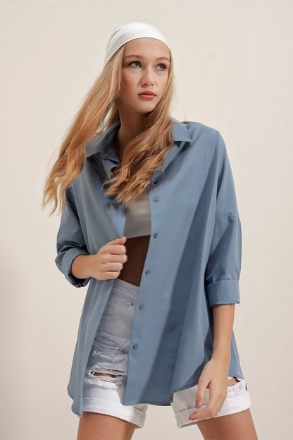 3900 Oversize Uzun Basic Gömlek - Koyu Lila