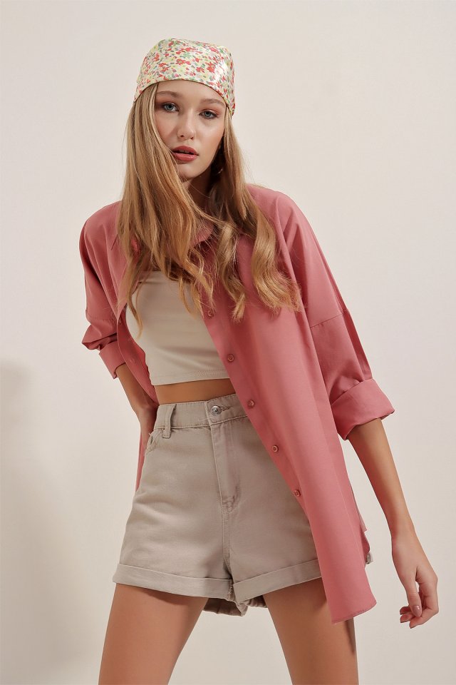 3900 Oversize Uzun Basic Gömlek - Koyu Lila