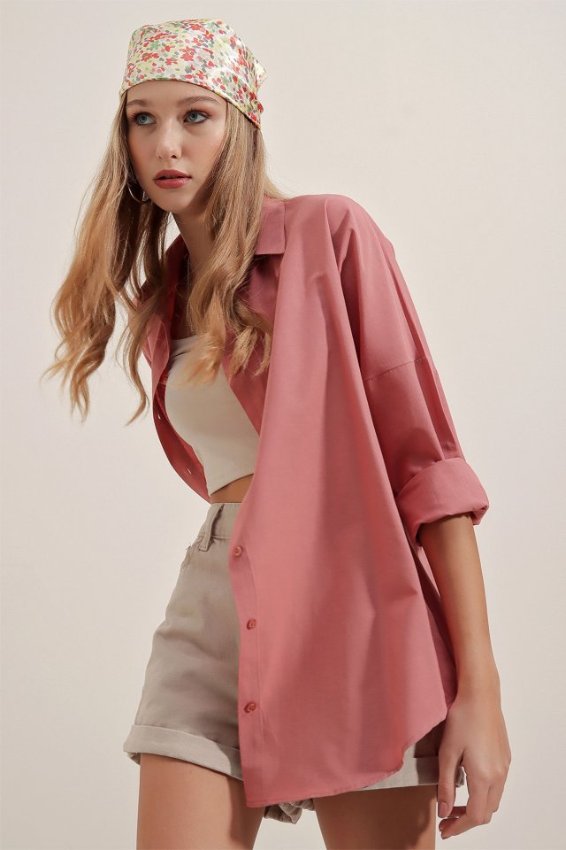 3900 Oversize Uzun Basic Gömlek - Koyu Lila