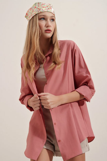 3900 Oversize Uzun Basic Gömlek - Koyu Lila